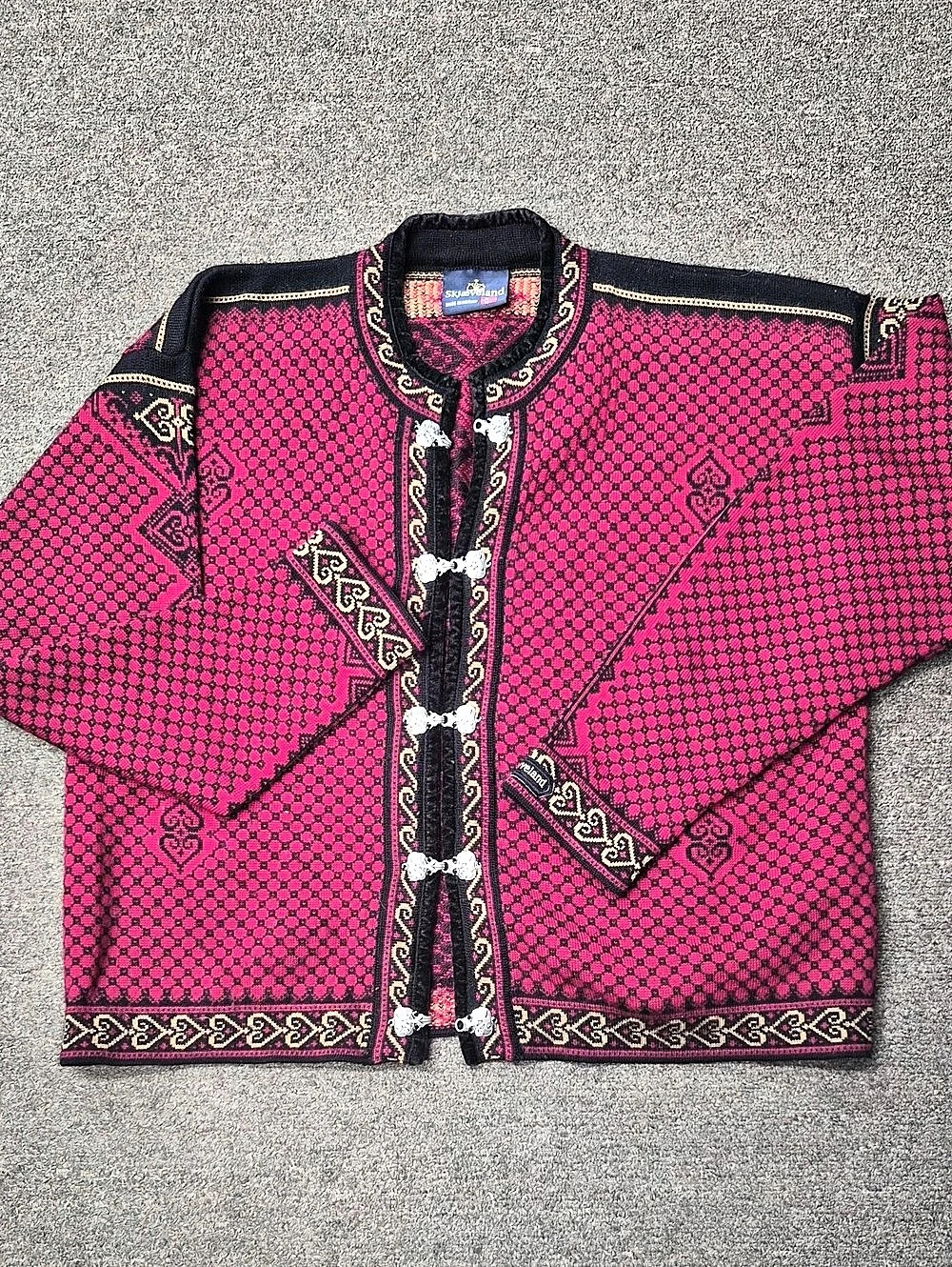 Skjaeveland Wool Geometric Cardigan in Red & Black